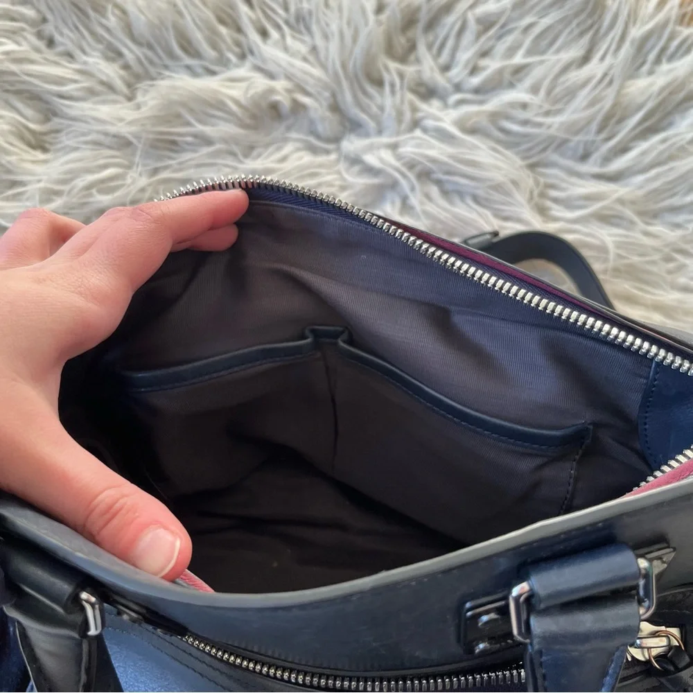 Rag & Bone Small Pilot Navy Blue Red Accent Leather Suede Zip-Up Satchel Bag